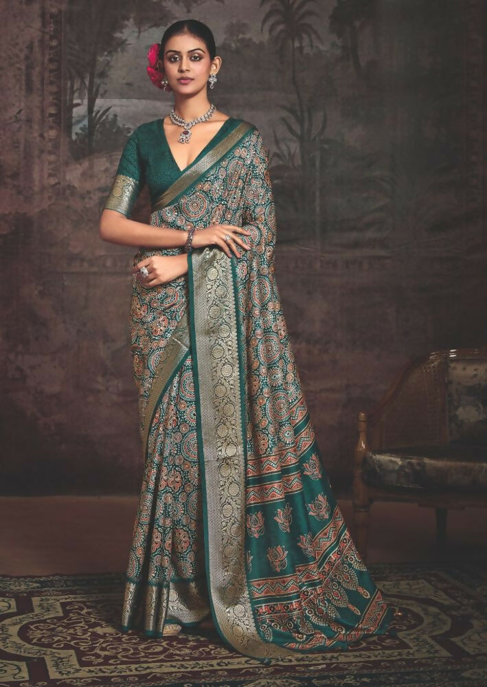 Rama Green Dola Tussar Silk Saree with Self Jacquard Border