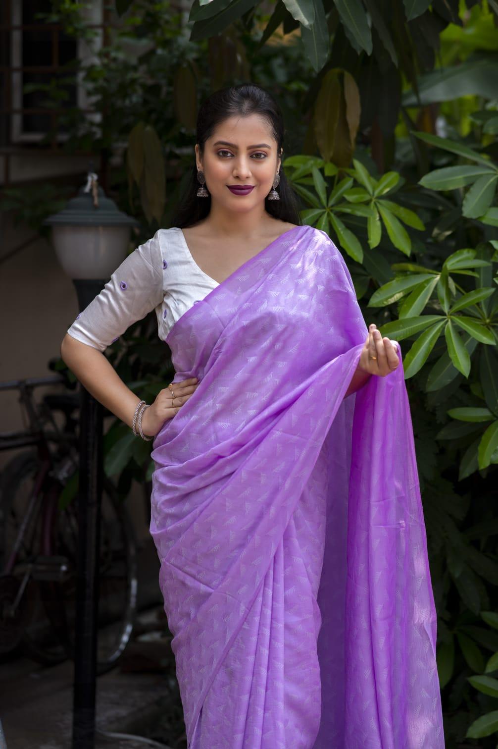 Lavender Poly Georgette Woven Design Saree with Unstitched Blouse - Hiral Fashion