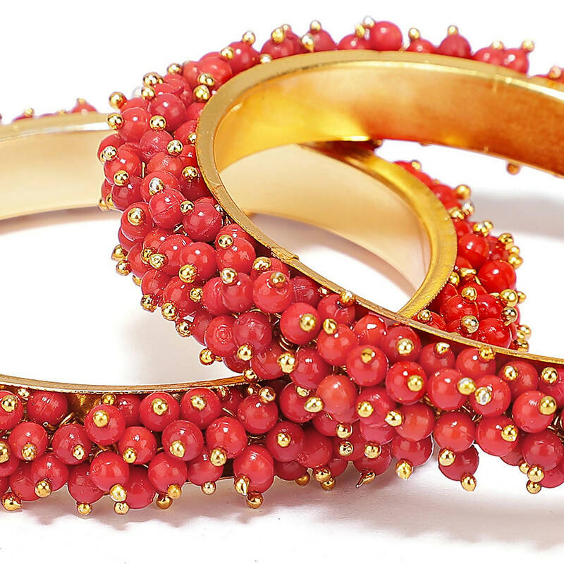 Gold-Polished Brass Bangle Set with Vibrant Red Bead Detailing