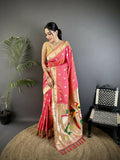 Peach Soft Silk Kanchipuram Saree featuring peacock and floral designs