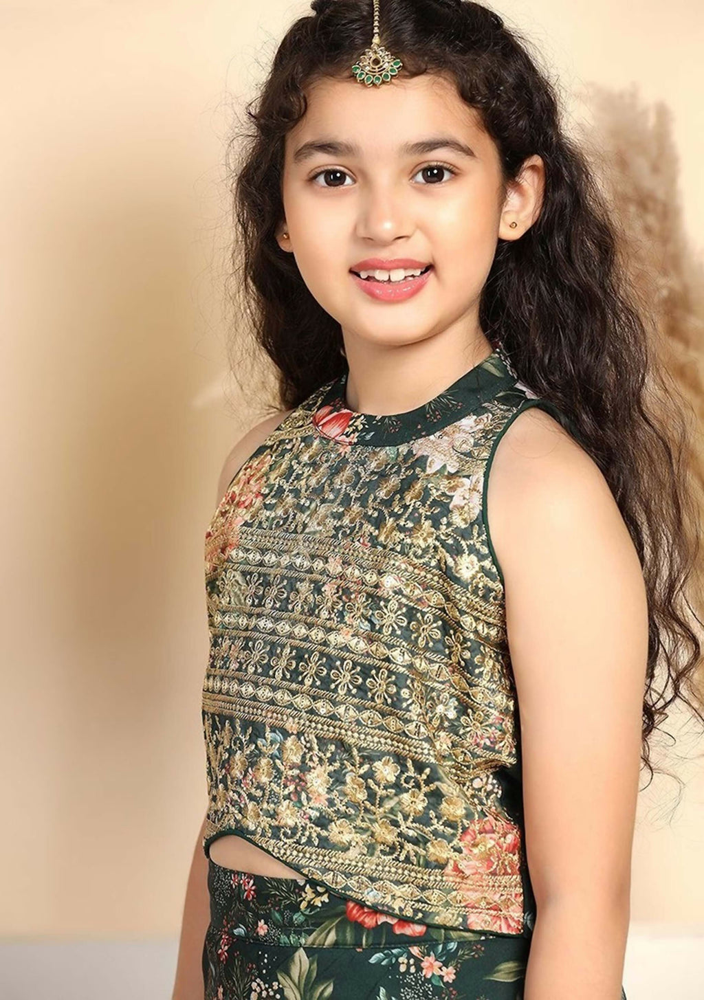 Girl's Bottle Green Lehenga Choli in Tabby Silk
