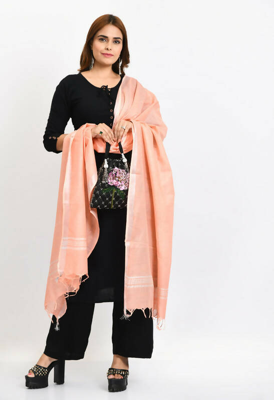 Peach Linen Cotton Dupatta with Silver Border