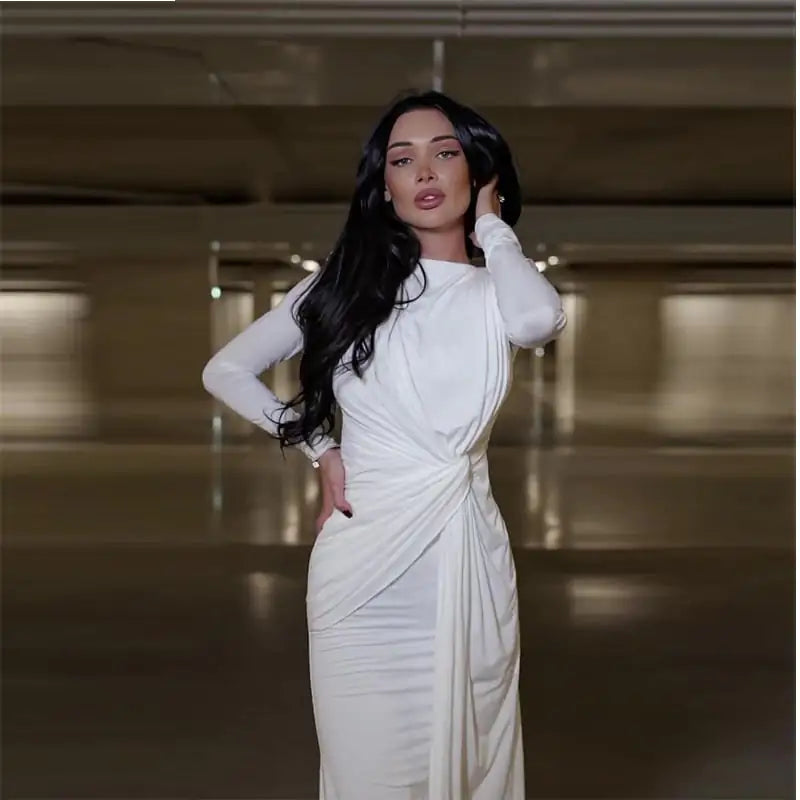 Women's Long Sleeve White Round Neck Pleated Waist Slim Dress - Image 4