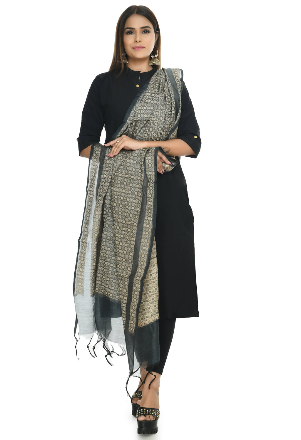 Grey handloom cotton dupatta with natural texture