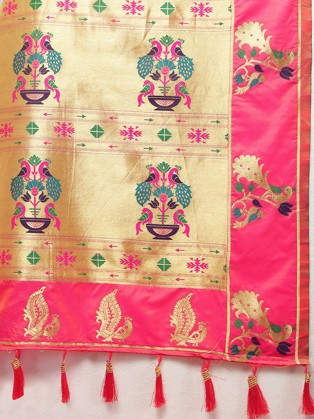 Pink Soft Paithani Silk Saree with Gold Zari Meenakari Weaving