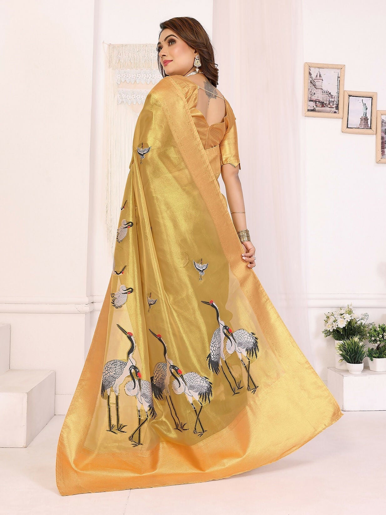 Golden Cranes Pattern Banarasi Silk Saree with Unstitched Blouse