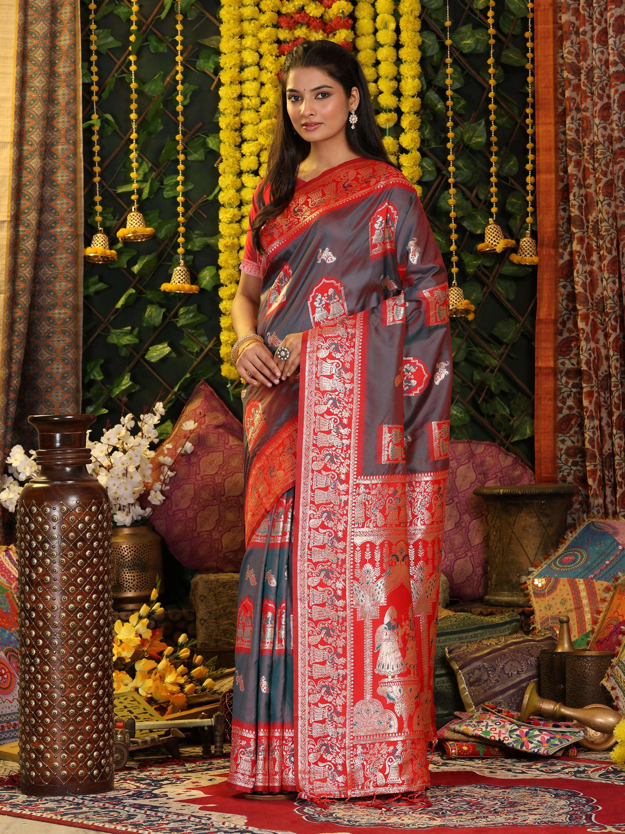 Grey Silk Saree with Contrasting Red Blouse