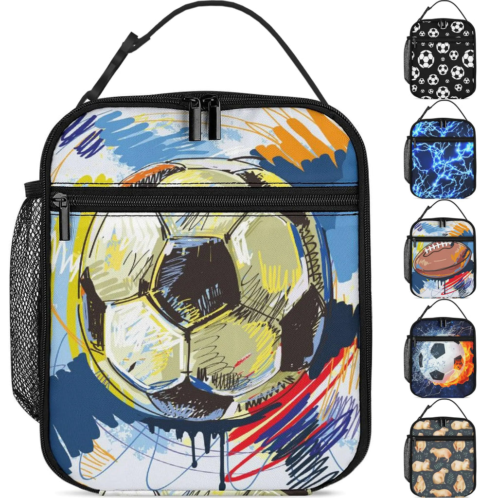 Watercolor Soccer Lunch Box Boys Girls Insulated Lunch Bag Reusable Lunchbox with Side Pocket Lunch Box for Girls Boys Teen Waterproof Lunch Tote Bag for Women Men Kids Work Office School Picnic