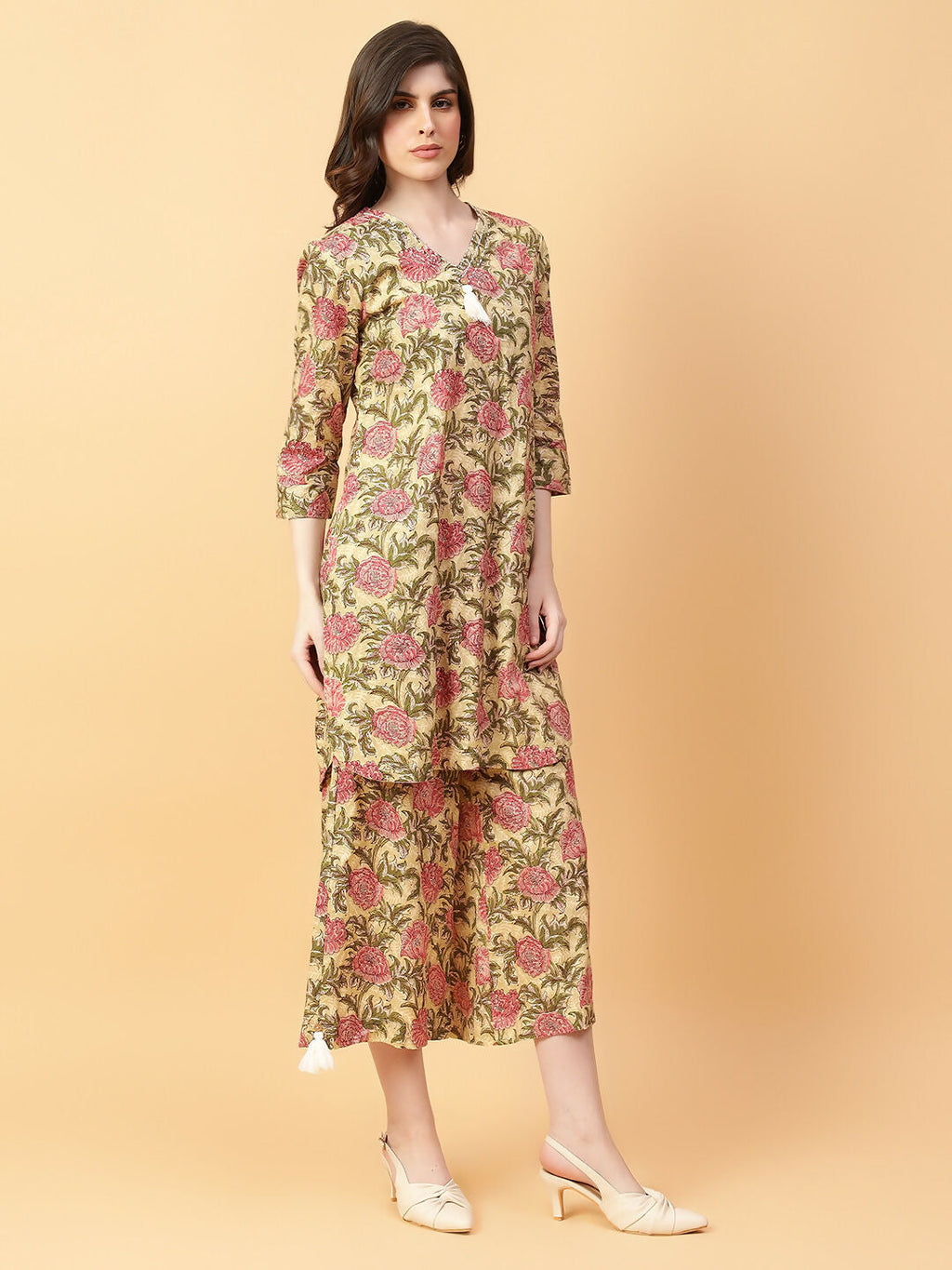 Beige Cotton Printed Hand Work Co-Ord Set for Women