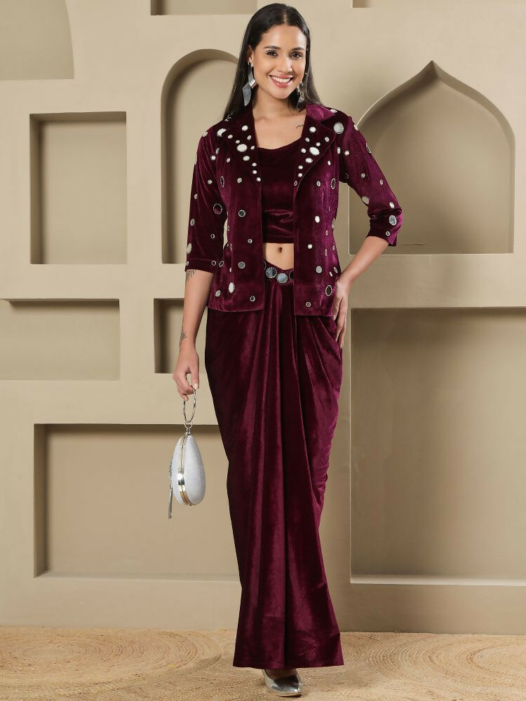 Women's Wine Velvet Hand Embellished Stitched Evening Dress