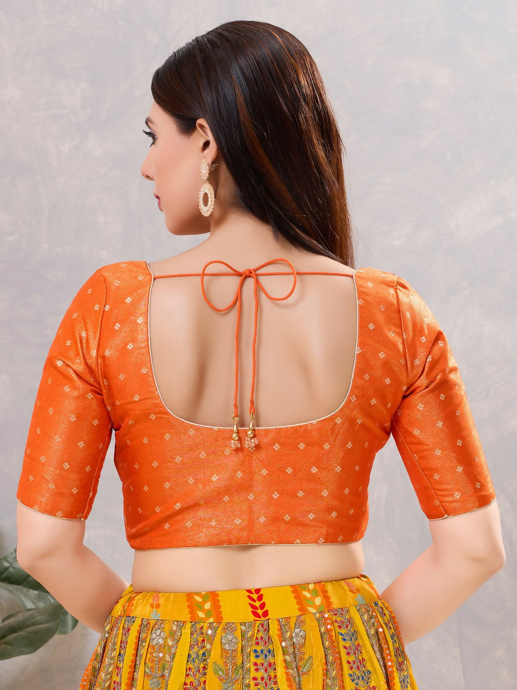 Women's Orange Silk Round Neck Stitched Blouse