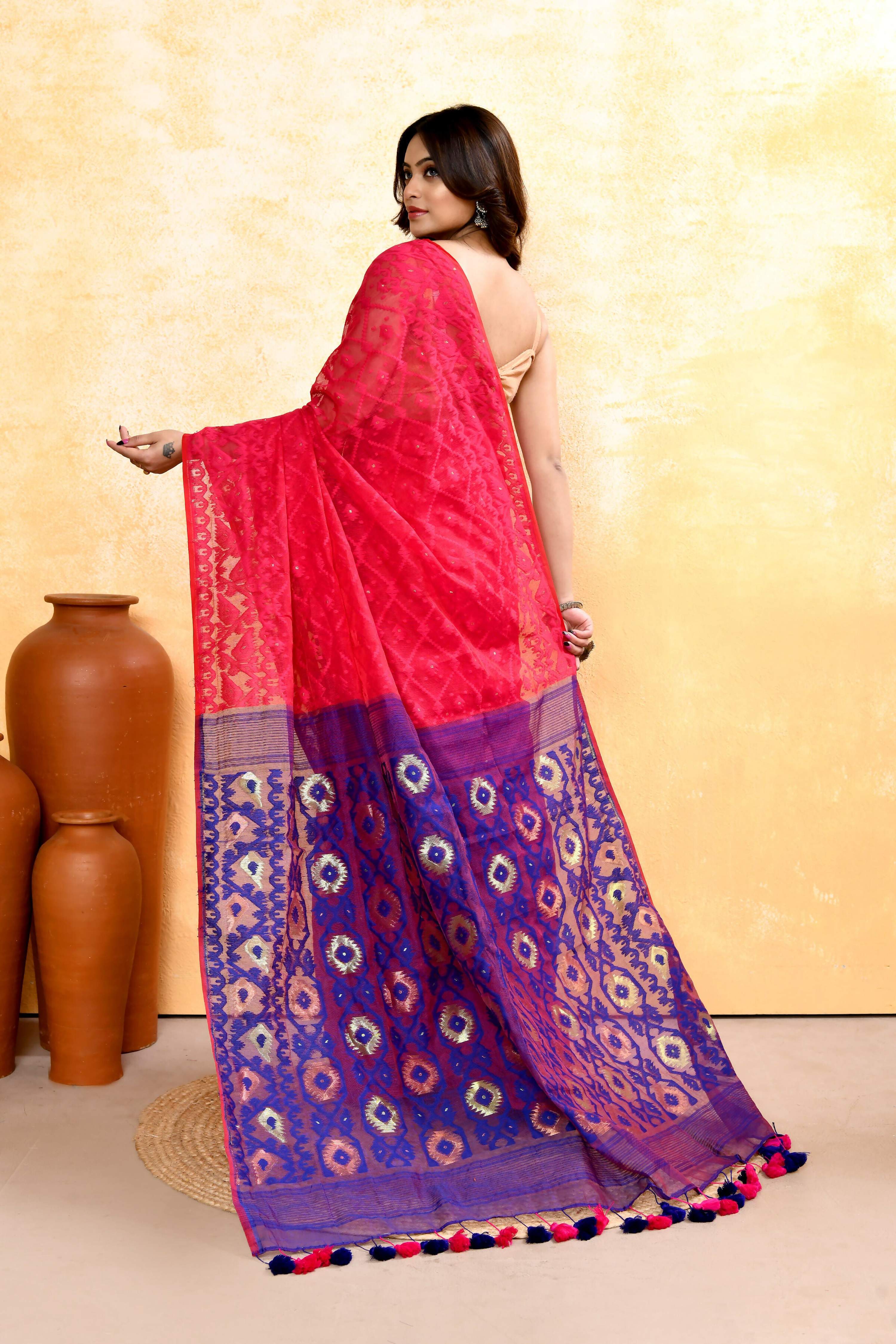 Rani Pink Embellished Cotton Blend Jamdani Saree for Women