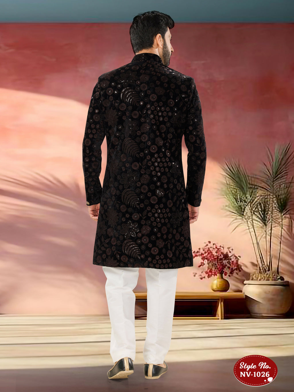 Men's Black and Brown Velvet Sequence Indo-Western Kurta Set