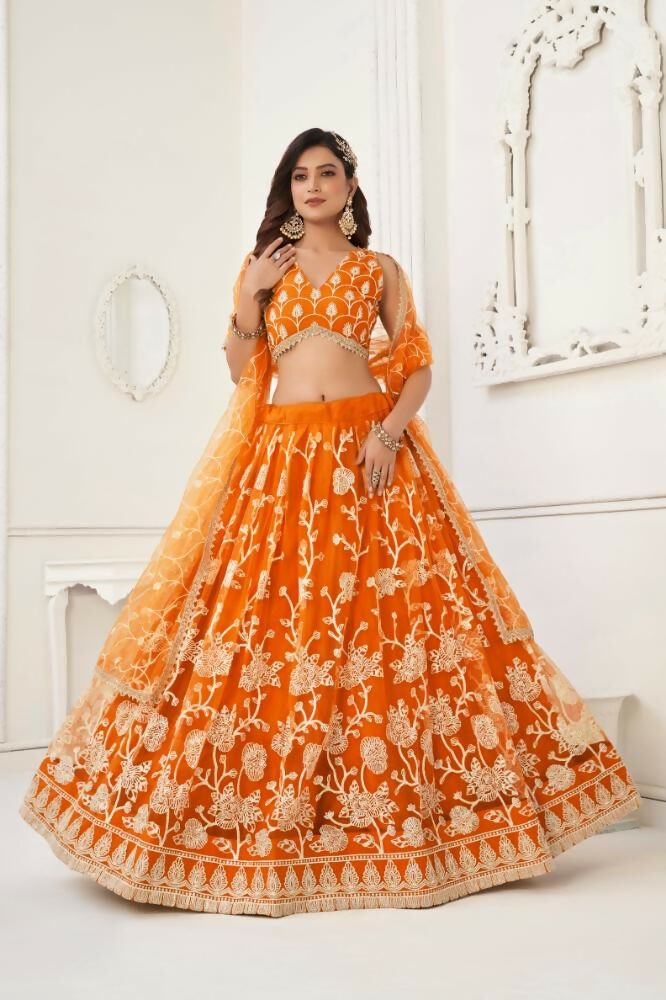 Orange Butterfly Net Lehenga with White Cotton Thread and Sequence Work