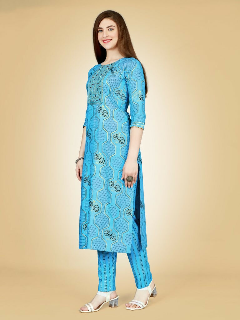 Women's Sky Blue Embroidered Viscose Rayon Kurta Pant Set