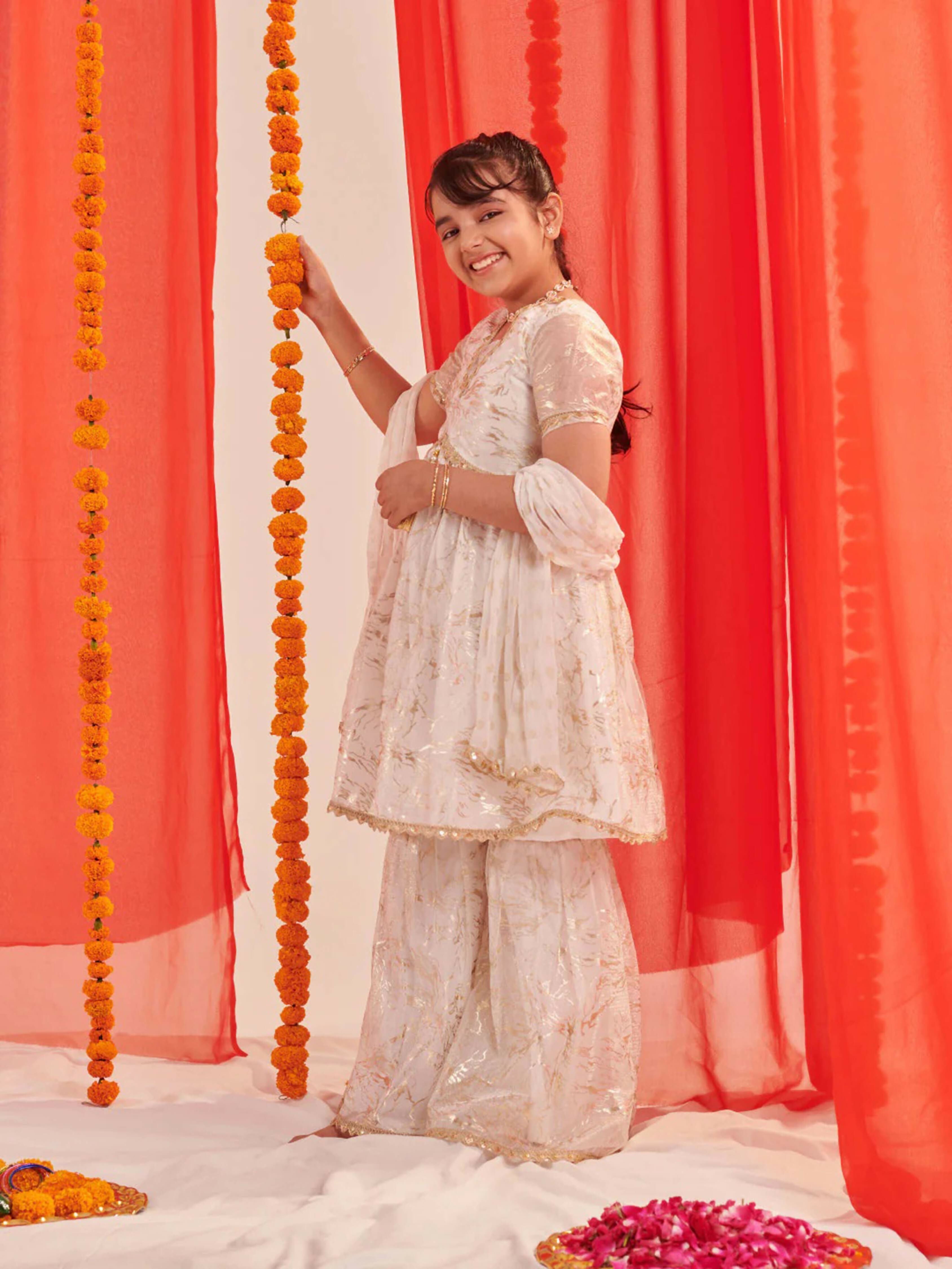 Girl's Off White Sharara Set in Silk Blend Fabric