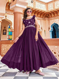 Wine-colored georgette dress adorned with sequins embroidery