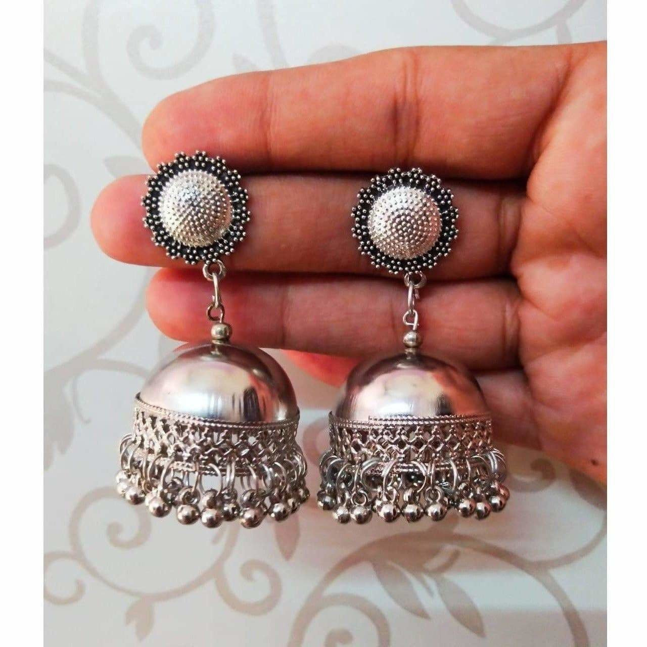Traditional oxidized silver jhumka earrings
