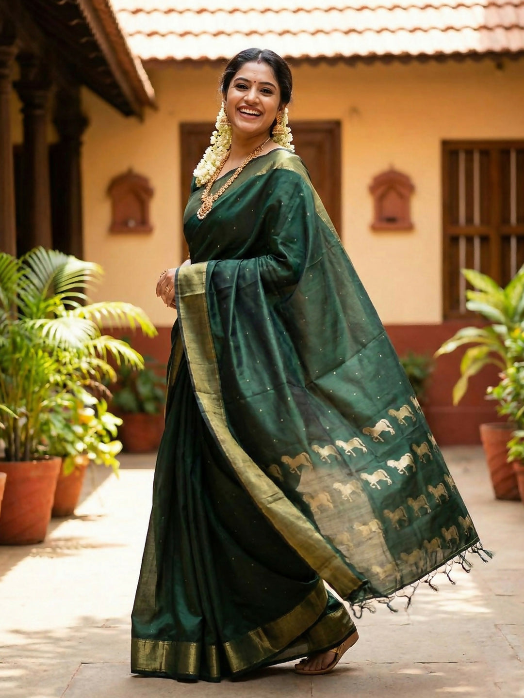 Bottle Green Soft Silk Saree with Matching Blouse