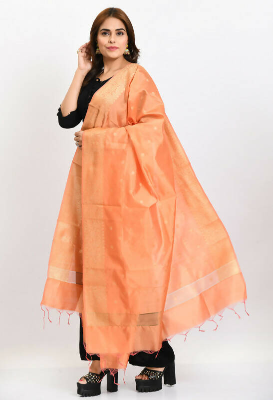 Peach Banarsi Silk Dupatta with Geometric Woven Design