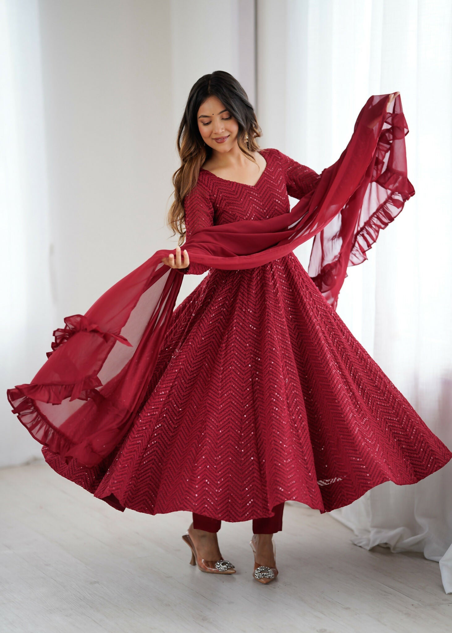 Maroon Georgette Kurta Set with Intricate Sequence Embroidery