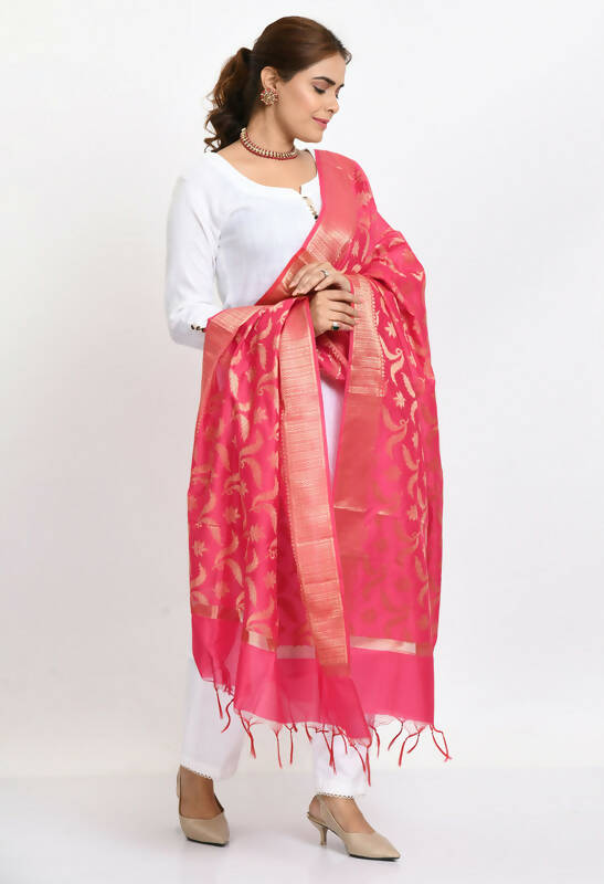 Pink Floral Woven Design Banarasi Silk Dupatta
