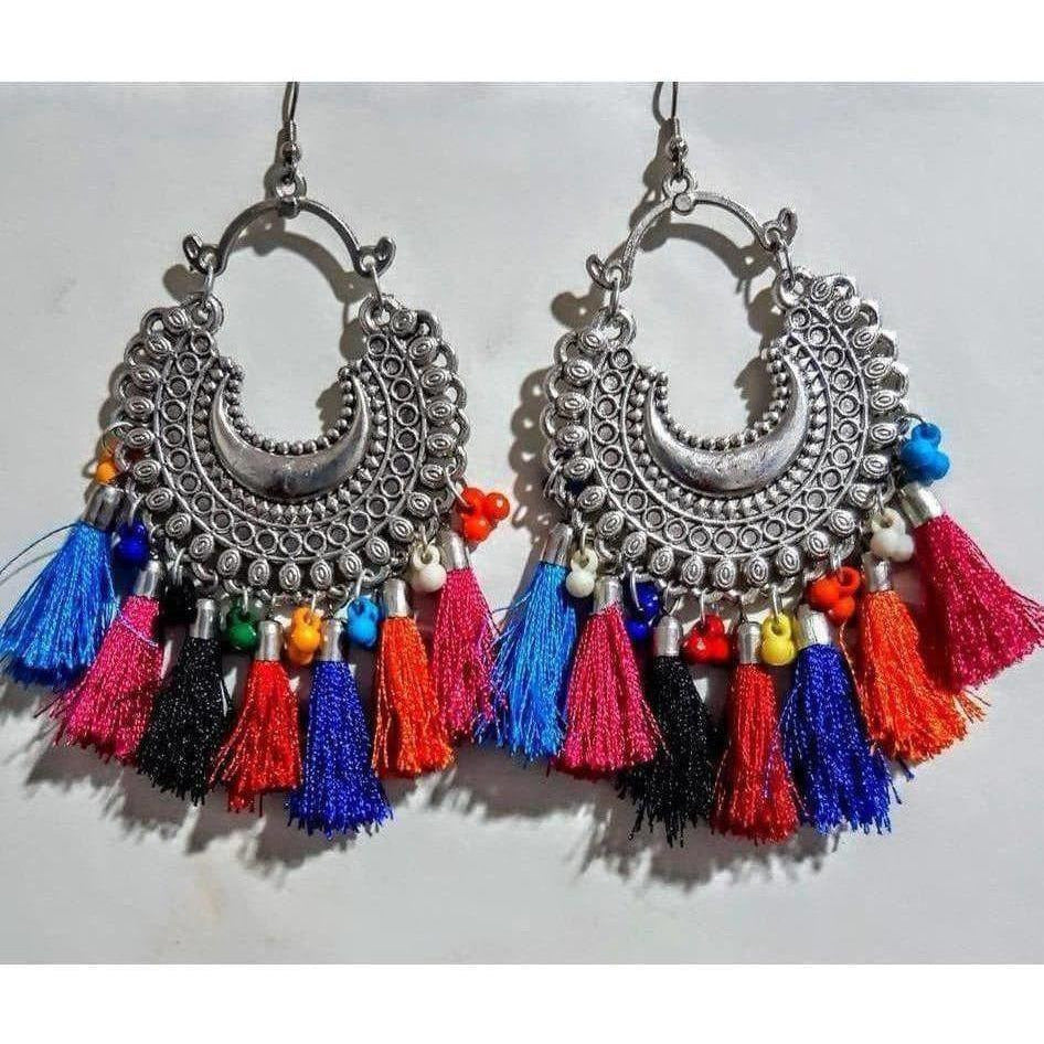 Oxidized silver Afghani Chandbali earrings with multicolor silk threads and beads