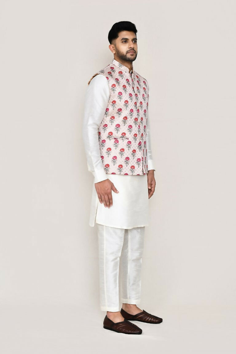 White Art Silk Kurta Set with Matching Jacket and Straight Pants