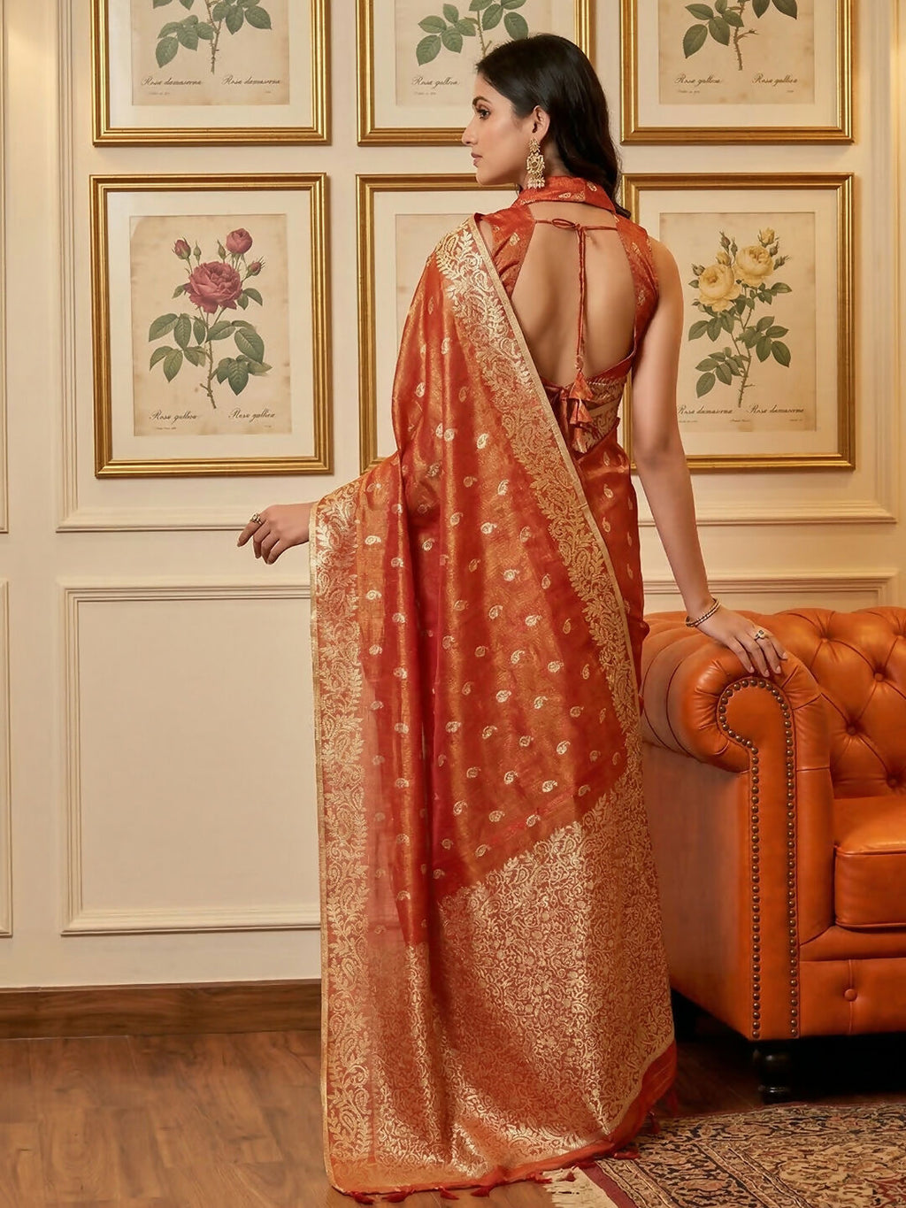 Rust Tissue Silk Saree with Matching Blouse