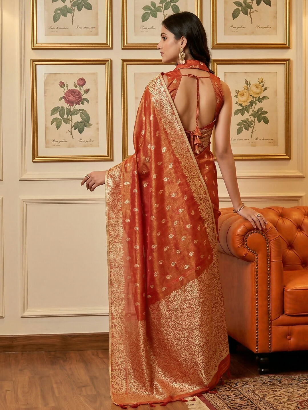 Rust Tissue Silk Saree with Matching Blouse