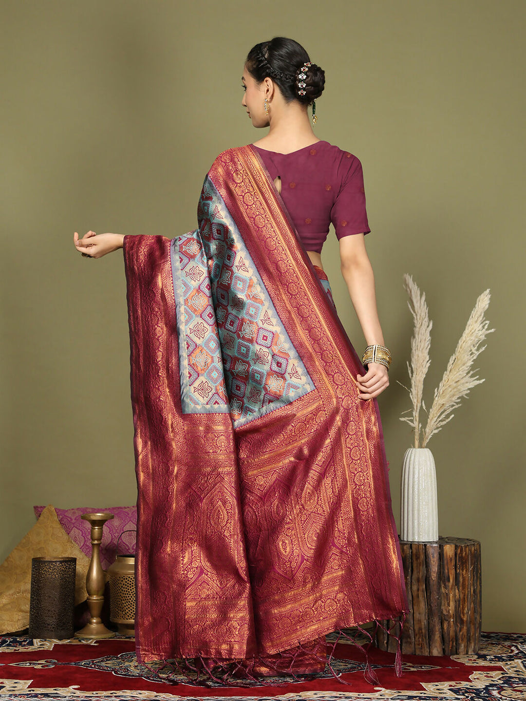 Teal Lichi Silk Saree with Purple Blouse