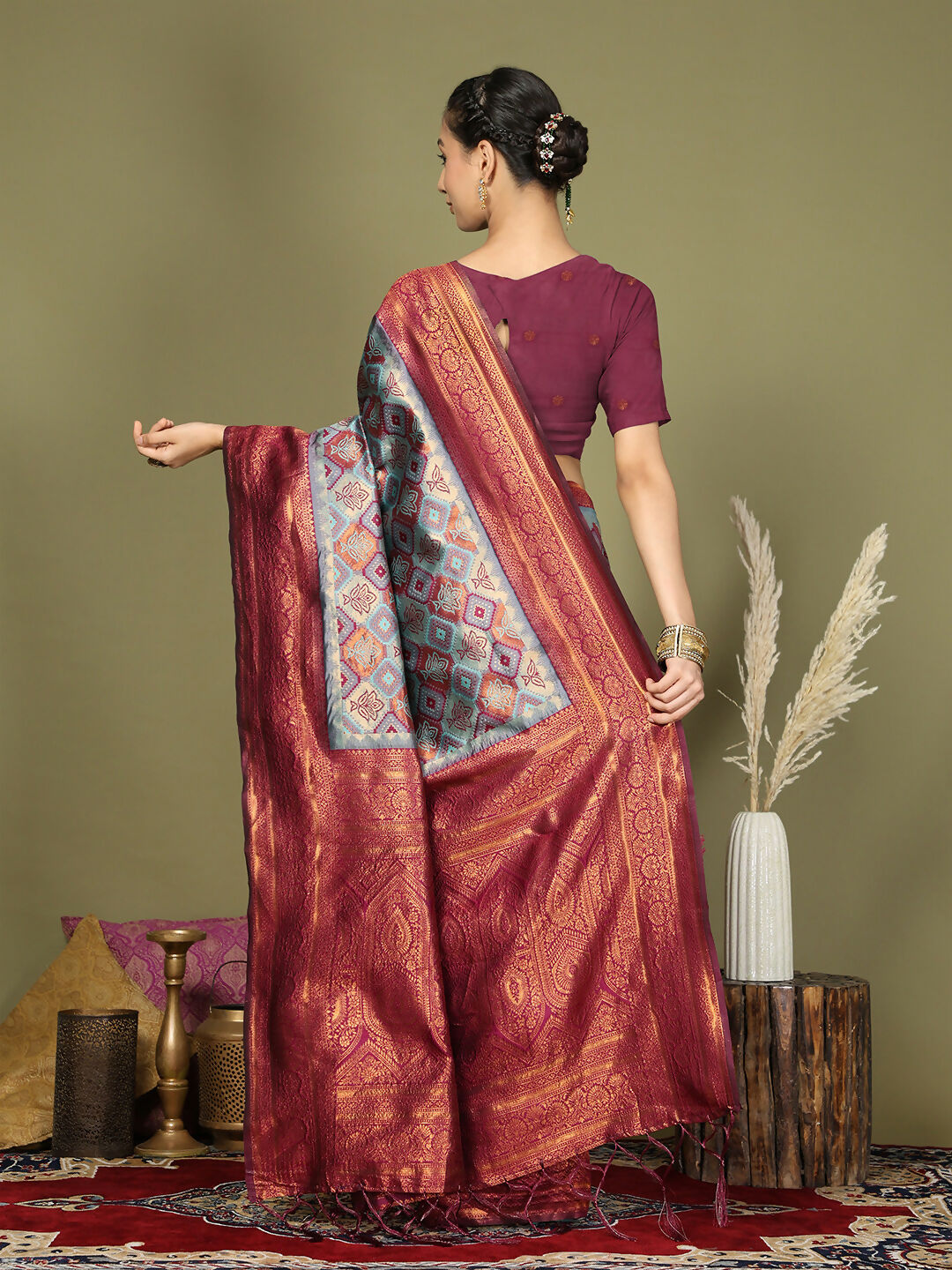 Teal Lichi Silk Saree with Purple Blouse