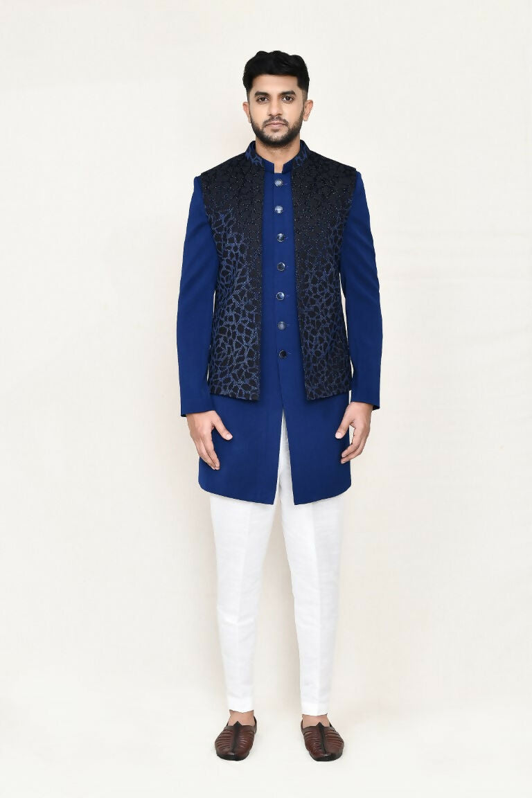 Blue Imported Jacquard Open Jacket Indo Western Set with Pant