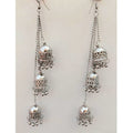 Silver oxidized Kashmiri triple Jhumka hanging earrings with chain detail