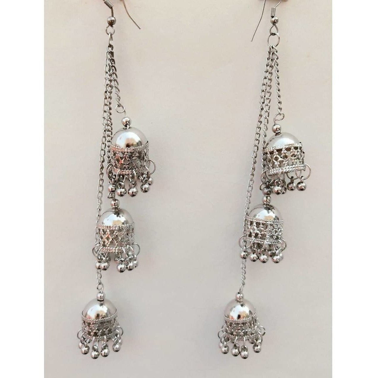 Silver oxidized Kashmiri triple Jhumka hanging earrings with chain detail