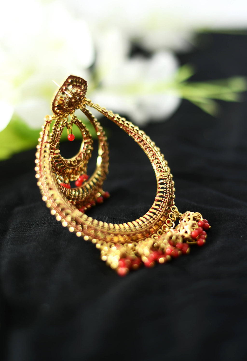Triple Circle White With Red Statement Dangle Earrings