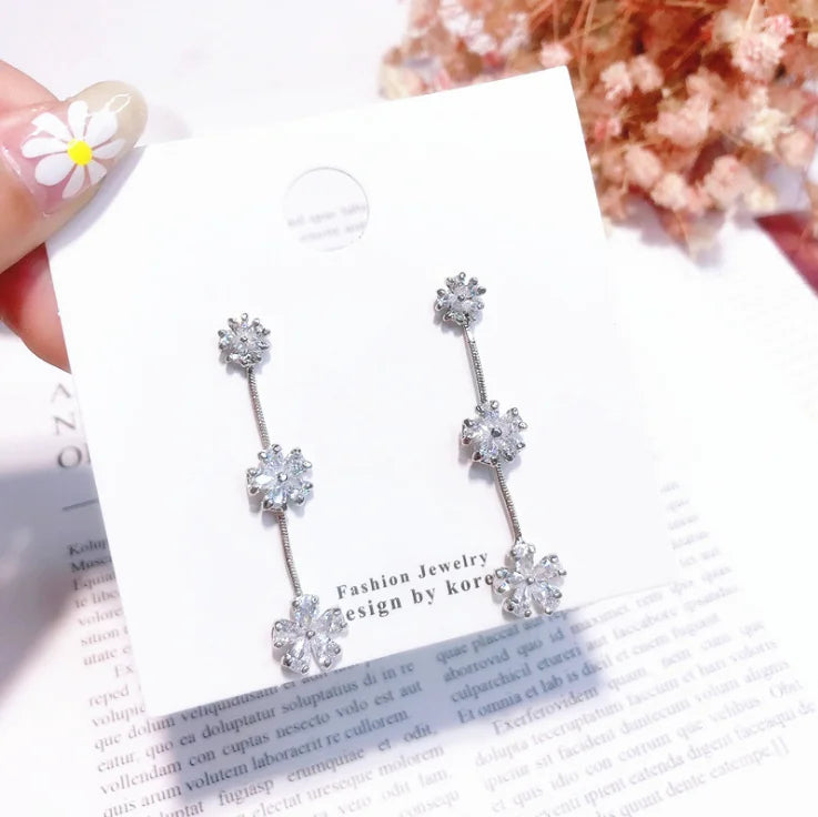 Long Rhinestone Snowflake Earrings with 925 Silver Pins