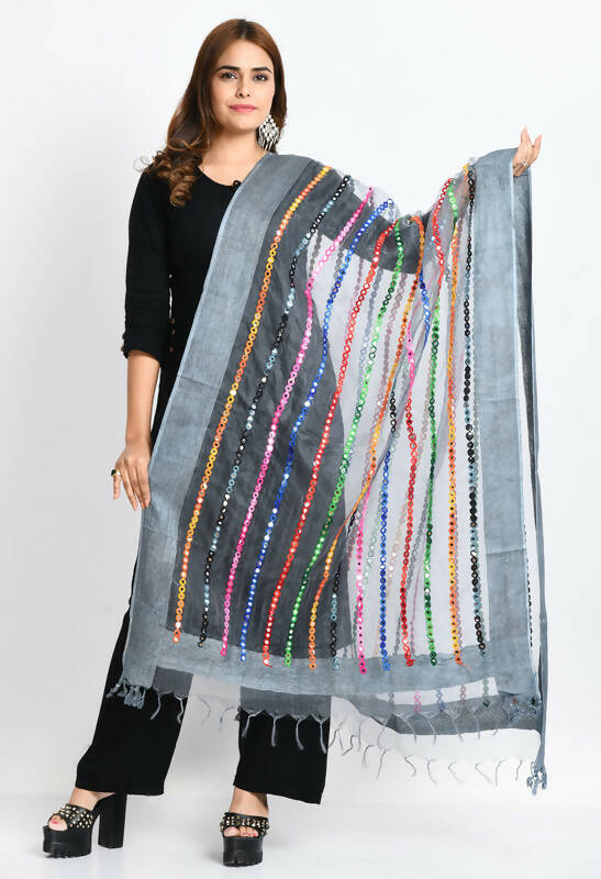 Grey Organza Dupatta with Multi-Thread and Mirror Work