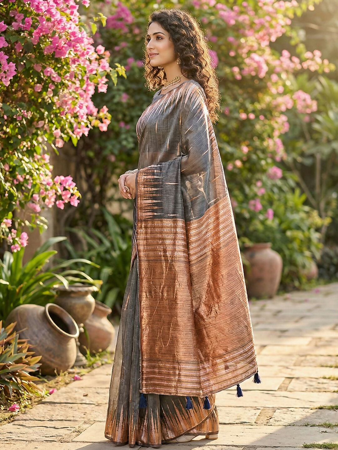 Grey Linen Cotton Saree with Matching Blouse Piece