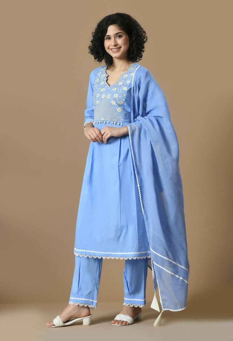 Light Blue Cotton Kurta Set with Organza Dupatta - 3 Piece Suit