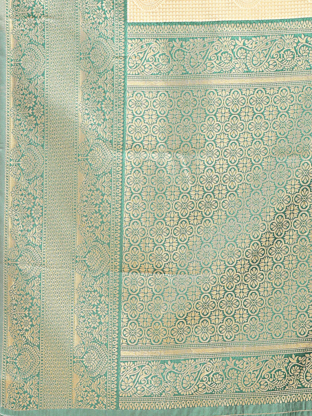 Aura Silk Cream and Green Banarasi Silk Saree