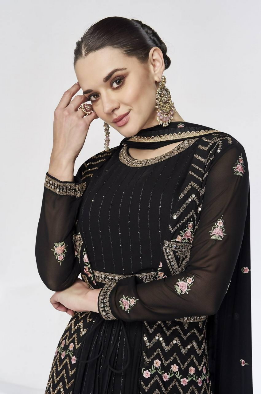 Black Faux Georgette Embroidery Gown with Matching Jacket Set