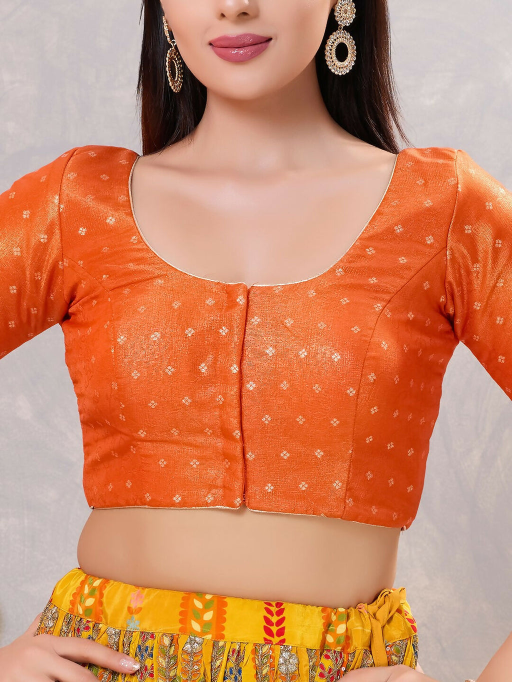 Women's Orange Silk Round Neck Stitched Blouse
