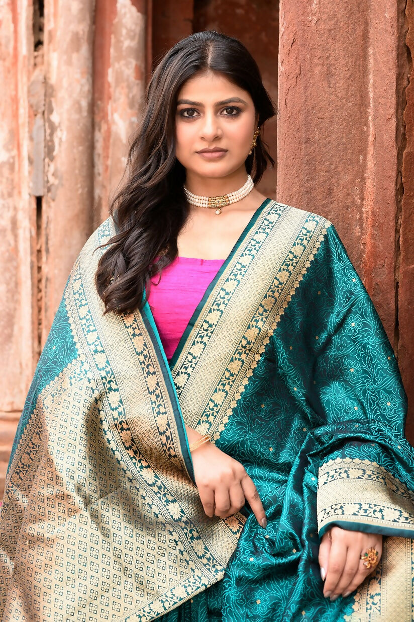 Green Banarasi Katan Handloom Silk Saree Traditional Drape