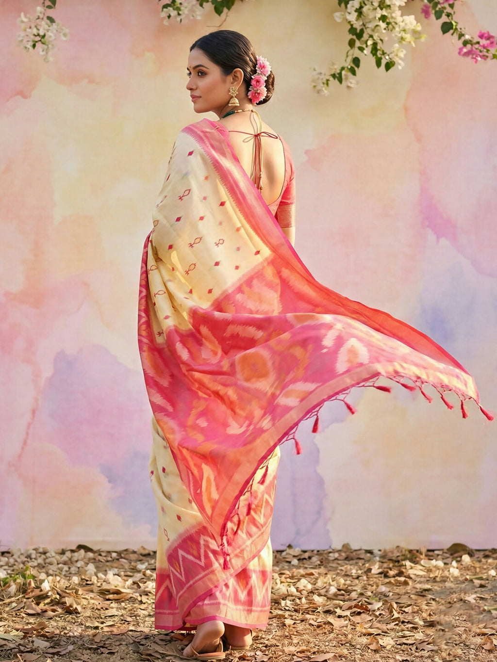 Cream Soft Silk Saree with Matching Blouse Piece