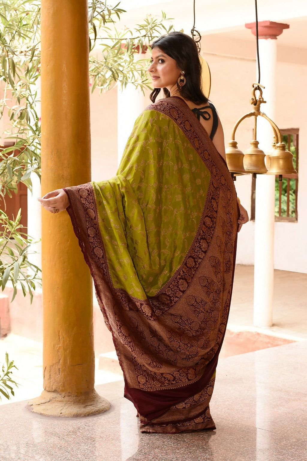 Grass Green Crepe Chiffon Banarasi Silk Saree