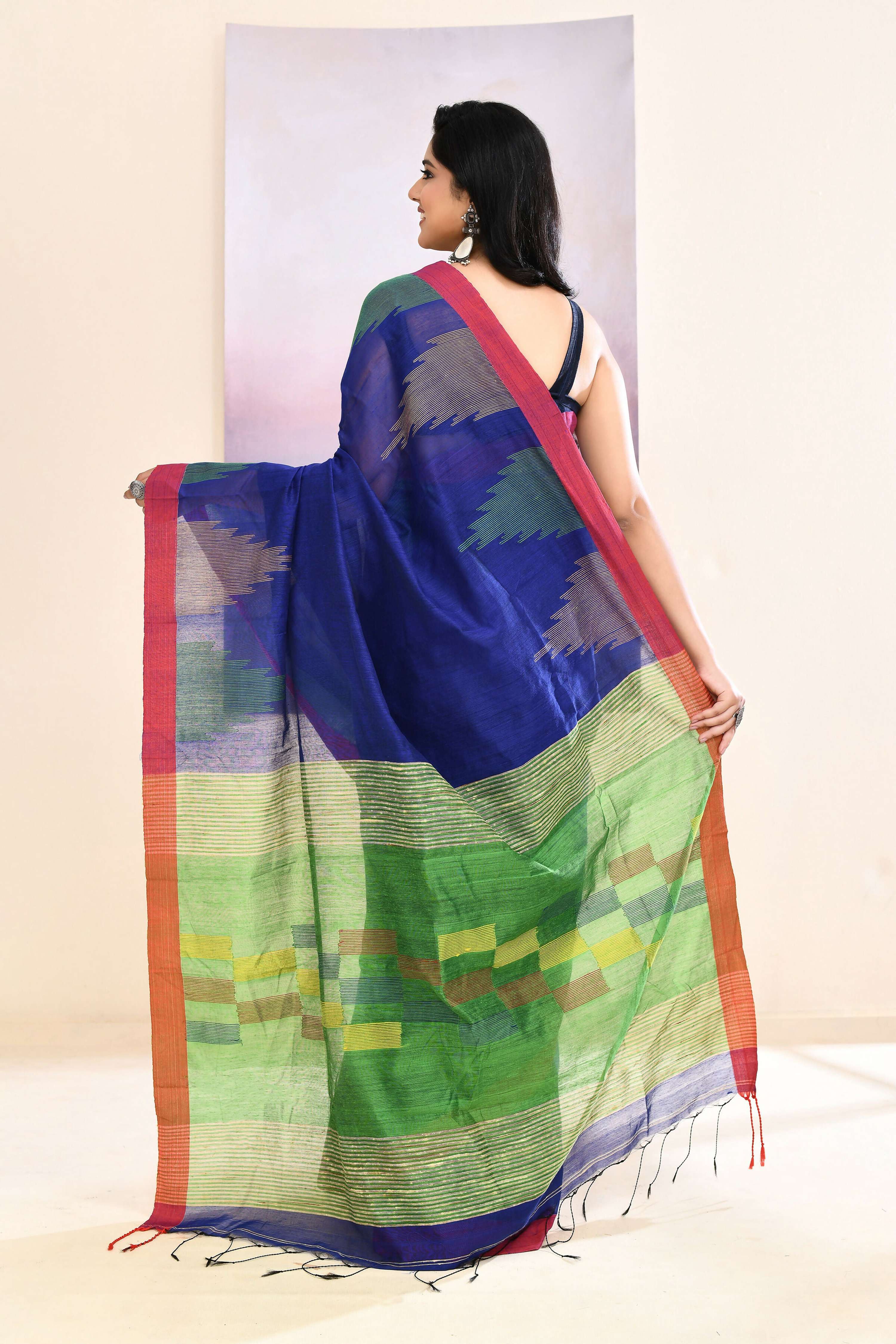 Blue Jamdani Saree with Traditional Temple Border Embellishment