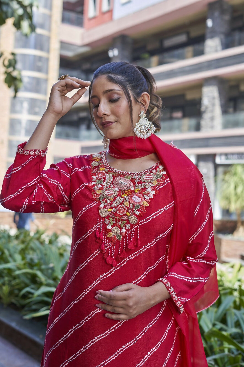 Red Premium Pure Viscose Print Dola Kurta Set with Handwork