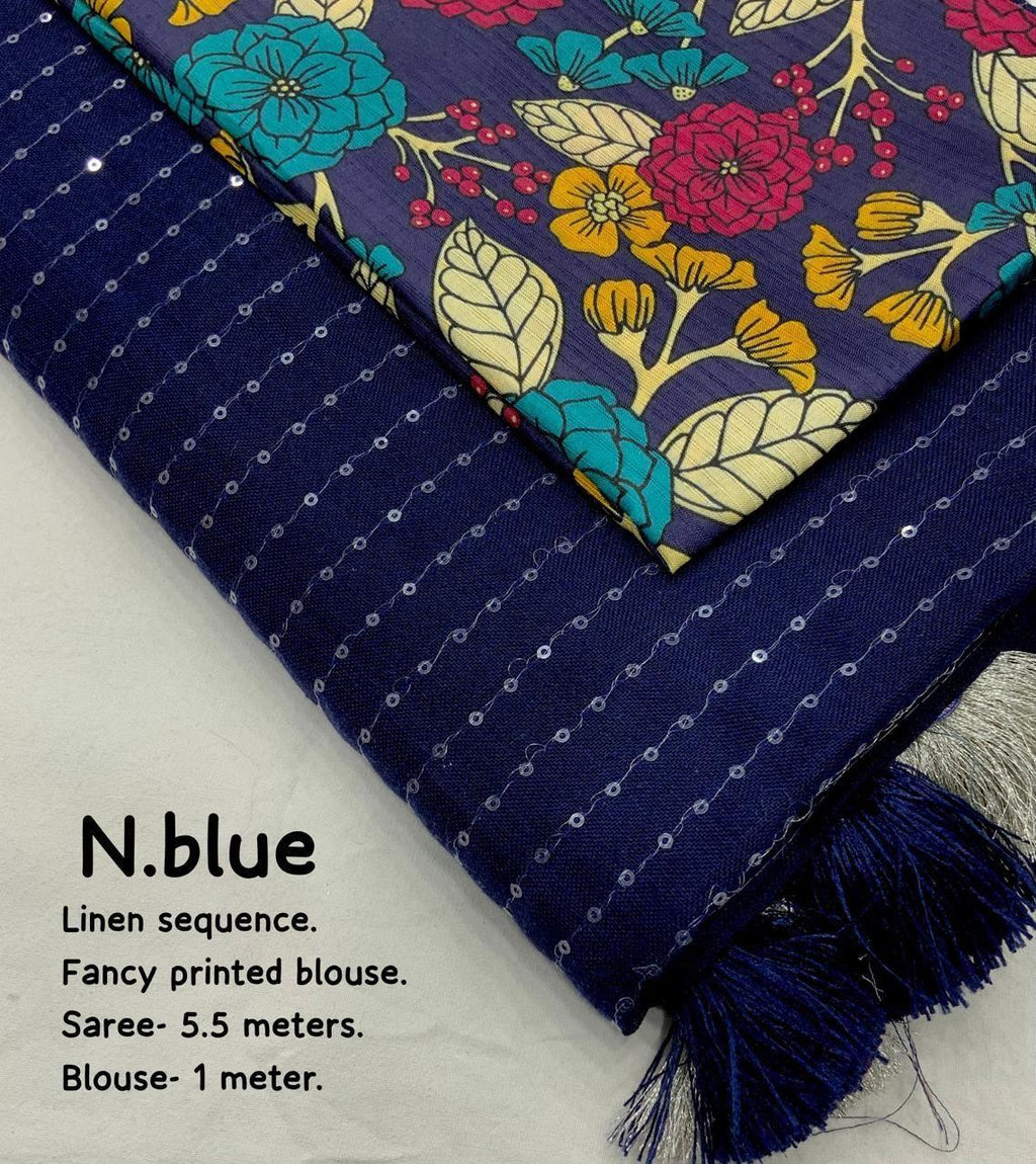 Nblue Linen Sequence Saree with Golden Pattu Border