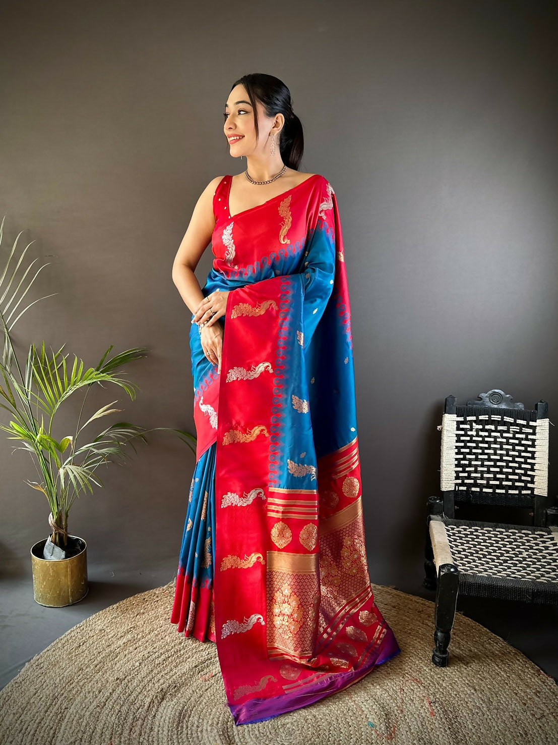 Red Peacock Butti Banarasi silk saree with unstitched blouse piece, festive look
